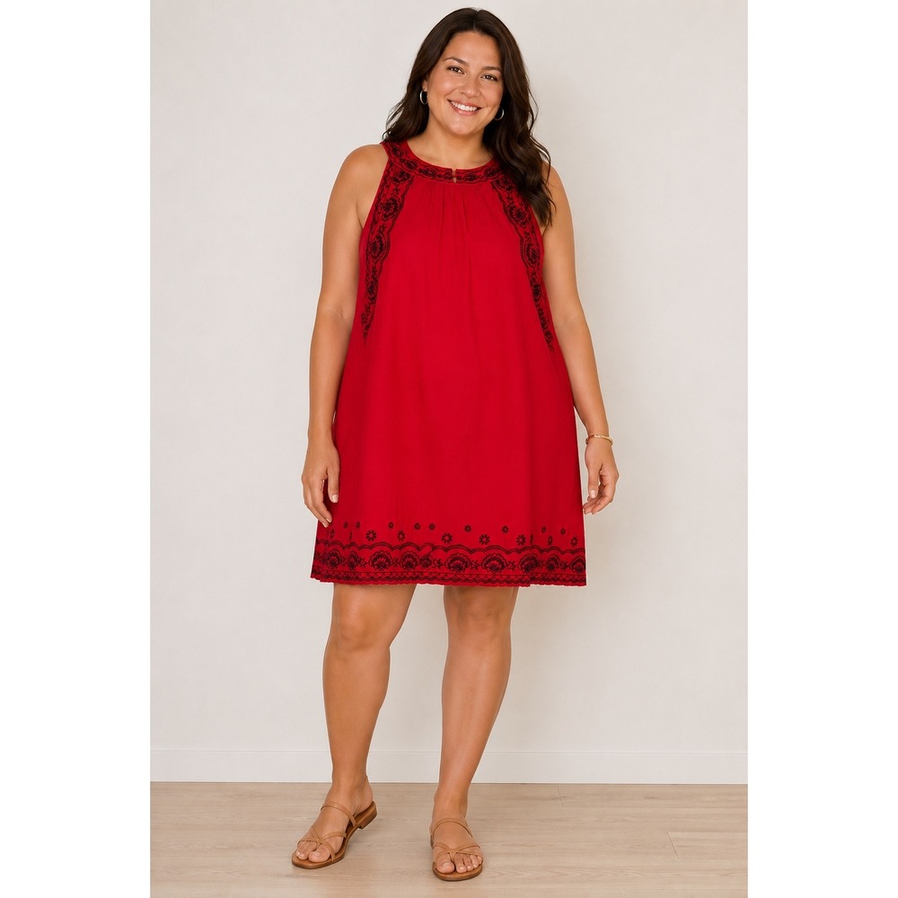 THML XXL Red Embroidered Sleeveless Shift Dress Boho Lined Boutique